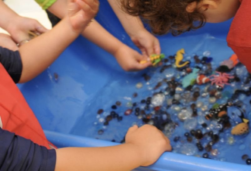 primary students discovering under water toys